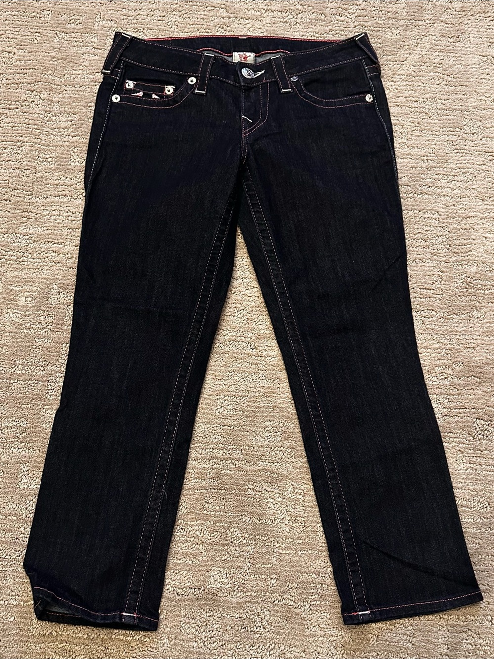 True Religion Dark Indigo Ankle Jeans with Pink Stitching